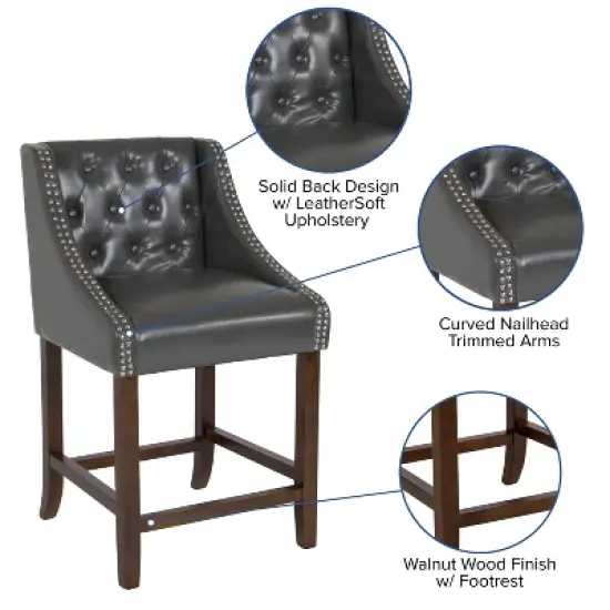 Flash Furniture Carmel Series 24" High Transitional Tufted Walnut Counter Height Stool with Accent Nail Trim image {2}