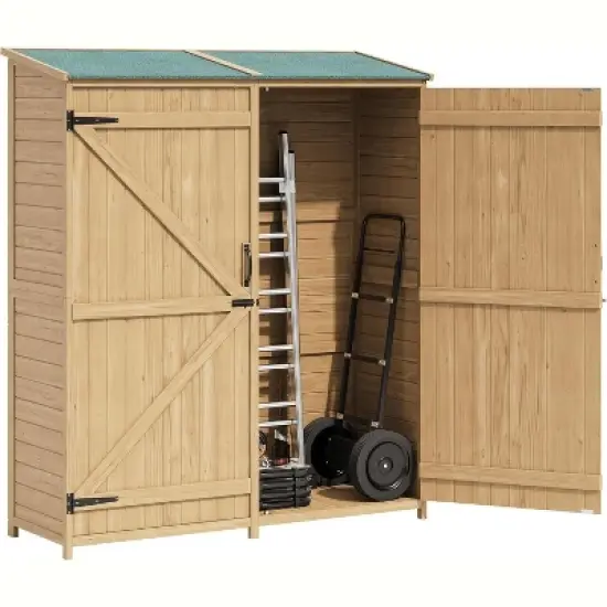 Wooden Outdoor Storage Cabinet,Waterproof Roof, 2 Shelves & Lockable Doors,Tall Tool Shed for Yard, Garage, Patio, Lawn,Porch image {7}