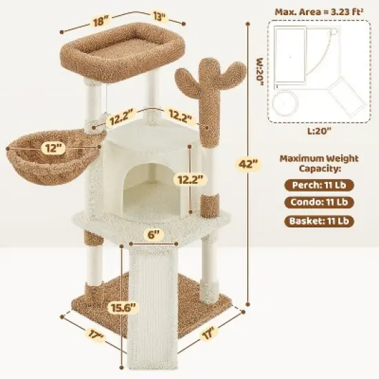 Yaheetech 42&Prime; Height Cactus Cat Tree with Platform, Condo, Basket, Scratching Posts, Board & Hanging Ball image {2}