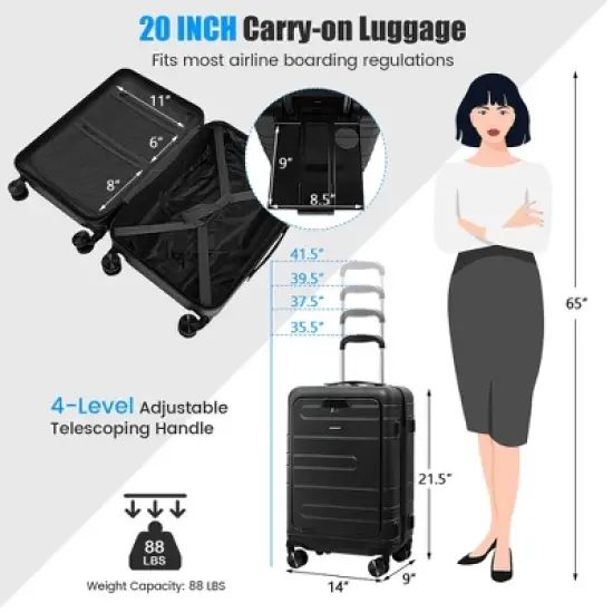 Costway 20'' Carry-on PC Hardside Suitcase TSA Lock w/ Front Pocket & USB Port Black image {3}