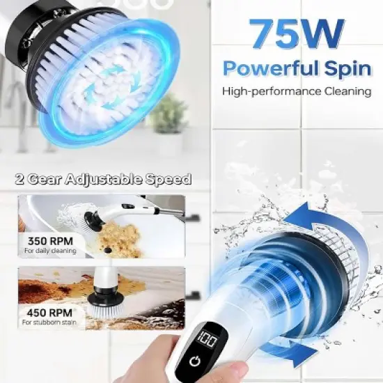Cordless Power Scrubber Brush with 8 Heads - Motorized Rotary Cleaning Tool for Bathroom, Kitchen & Tile - Removable Handle, Quick Charge image {6}