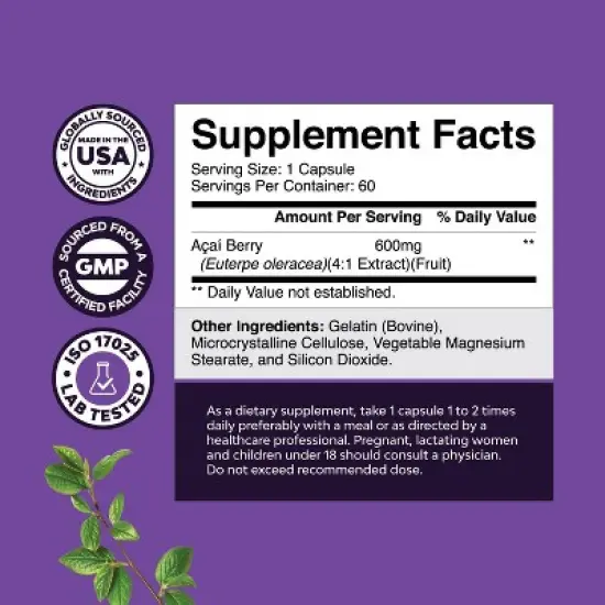 Acai Berry Antioxidant Capsules, Weight Loss Supplement for Immune System, Energy, & Cognitive Health, Nature's Craft, 60ct image {2}
