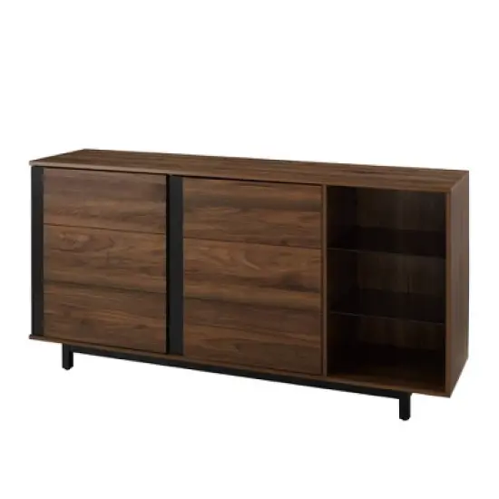 Shing Modern Striped Door 60" Sideboard with Glass Shelves Dark Walnut - Saracina Home image {3}