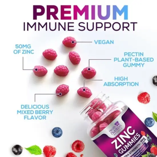 Zinc Supplement 50mg Gummies for Adults - Max Strength Skin Health & Immune Support Gummy, Vegan, Non-GMO & Gluten Free - 60 Gummies image {5}