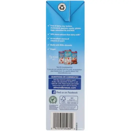 Almond Breeze Unsweetened Orginal Almond Milk - Case of 8/64 oz image {2}