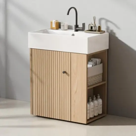 21.6" Floating Bathroom Vanity with Right Side Open Shelves, Wall-Mounted Cabinet with Ceramic Sink, Soft-Close Door image {1}