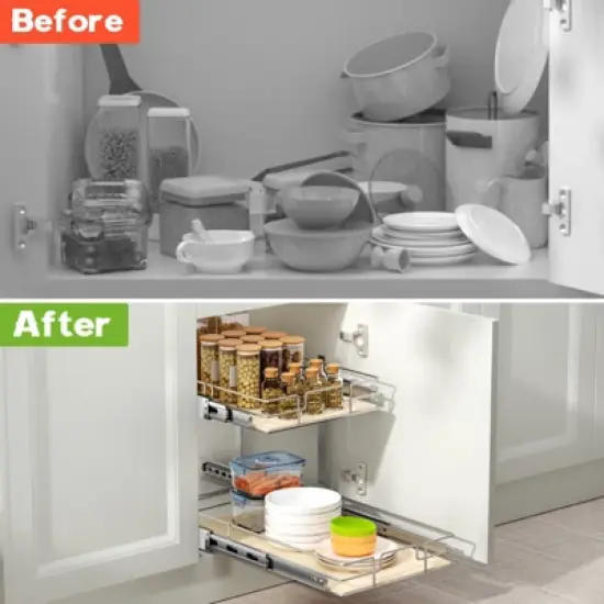 LOVMOR 2 Tier Individual Pull Out Cabinet Organizer, Slide Out Wood Shelves Organizers, Pull Out Drawers Organization and Storage for Kitchen Cabinet image {6}