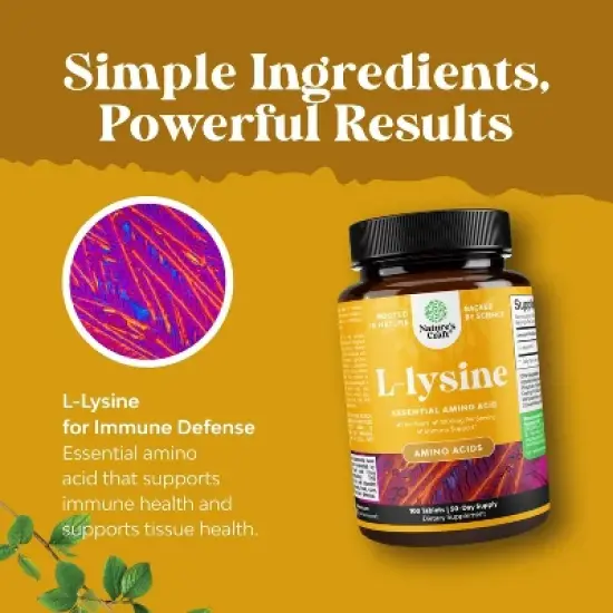Lysine Tablets, High Strength L-Lysine Supplement for Eye Health Lip Care Collagen Synthesis and Immune Support, Nature's Craft, 100ct image {3}