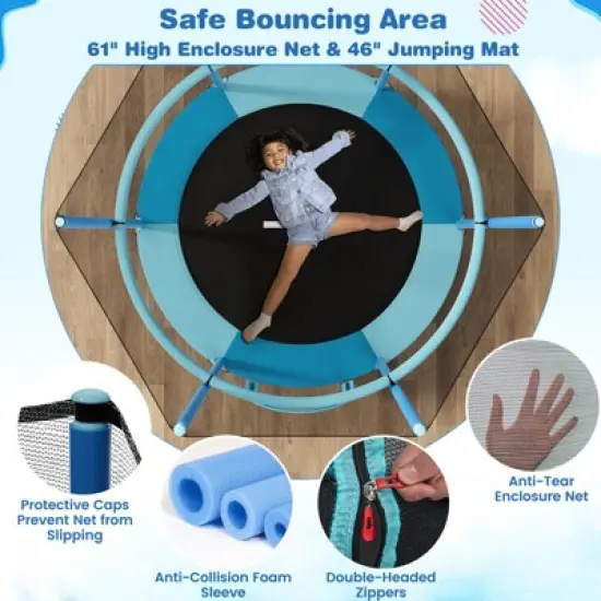 Costway 60'' Trampoline for Kids w/Gymnastic Bar Rings Foamed Handle No Gap Design Orange/Blue image {7}