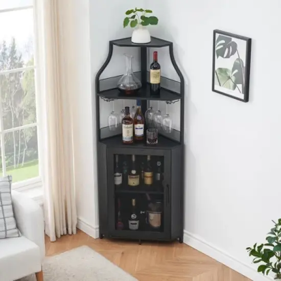 Corner Wine Cabinet with Detachable Wine Rack, 5-Tier Industrial Corner Bar Cabinet with Barn Door and Glass Holder image {7}
