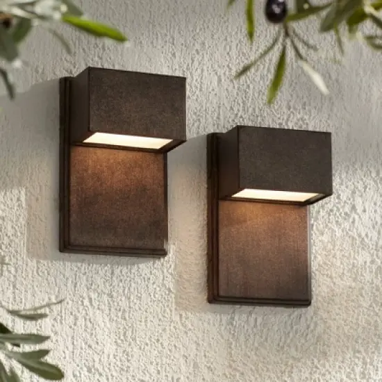 Possini Euro Design Lyons Modern Industrial Outdoor Wall Light Fixtures Set of 2 Bronze Black Box Frame LED 8" for Post Exterior Barn image {1}