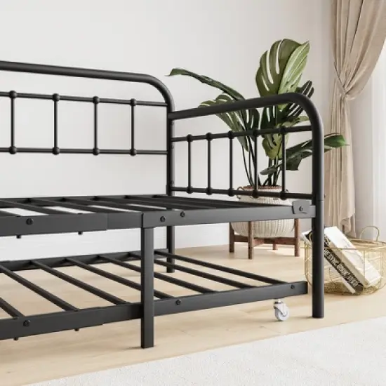 Twin Size Metal Daybed Frame with Trundle, Heavy Duty Steel Slat Support Sofa Bed Platform with Headboard, No Box Spring Needed, Black image {4}