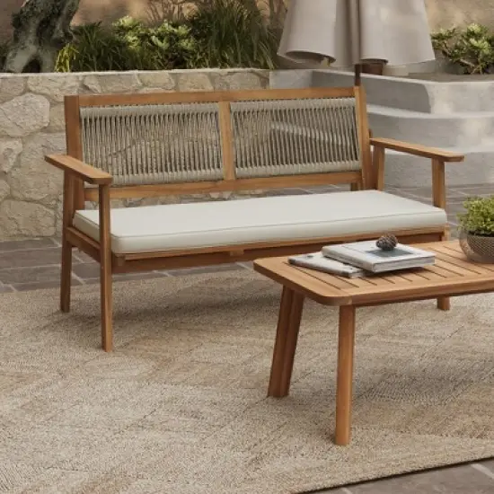 LuxenHome Outdoor Acacia Wood Rope Back Loveseat with Cushions and Coffee Table Set image {4}