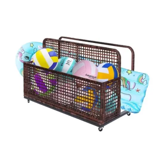 Outdoor Wicker Pool Float Storage, Rolling PE Rattan Caddy with Wheels, Poolside Organizer for Cushions, Noodles, Life Vests and Toys image {8}