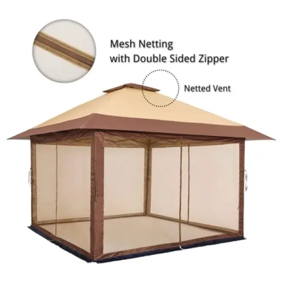 Suntime 12 x 12 Instant Pop Up Gazebo Polyester Canopy Tent Shelter with Solar LED Lights, 4 Zippered Screens, and Powder Coated Steel Frame, Brown image {2}