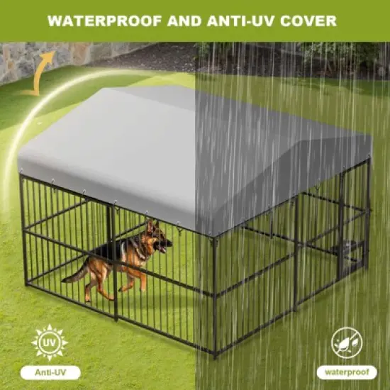 4X4x6FT Large Outdoor Dog Kennel, Heavy Duty Metal Dog Cage with Waterproof Roof, Rotating Feeding Bowl and Lock, for All Dog Breeds image {4}