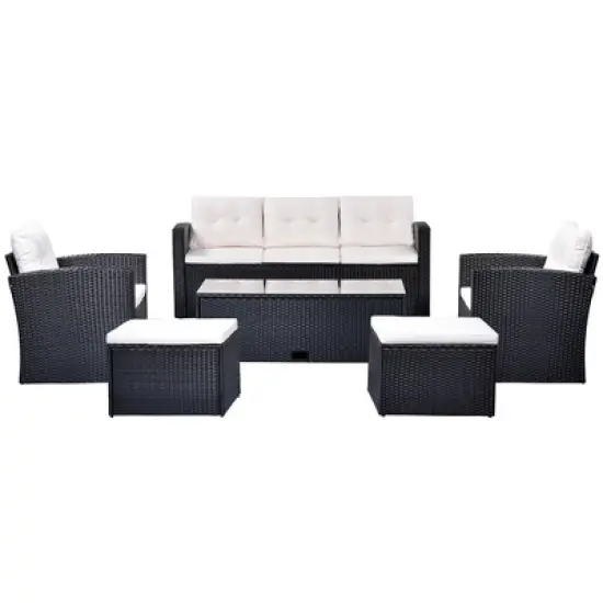 6pc Wicker Patio Conversation Set with Sofa, Arm Chairs, Ottomans & Coffee Table  - Black/Beige - GODEER image {4}