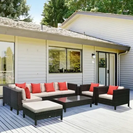 Outsunny 9-Piece Rattan Wicker Outdoor Patio Sectional Furniture Conversation Set with Modern Design, Thick Soft Cushions, Footstool & Tea Table image {2}