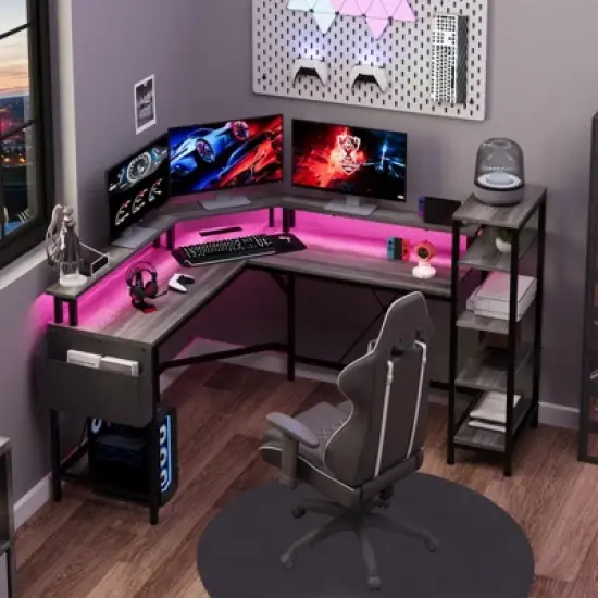 61" L Shaped Gaming Desk, with Monitor Stand, L-Shaped Corner Computer Desks, Built-in LED Lights and Side Storage Pockets, for Small Spaces image {8}