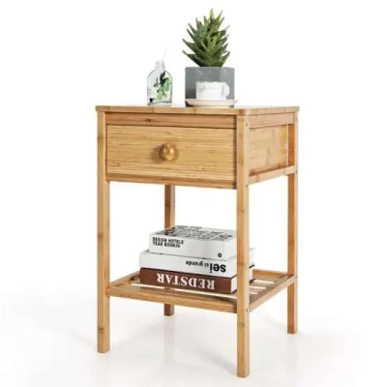 Costway 2PCS Bamboo Nightstand Natural Side End Table w/Drawer for Living Room Bedroom image {8}