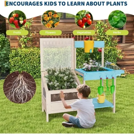 Outdoor Garden Potting Bench Table Work Station with Transparent Planter Box Raised Garden Bed 3 Side Plant Pots and Storage Shelf image {3}