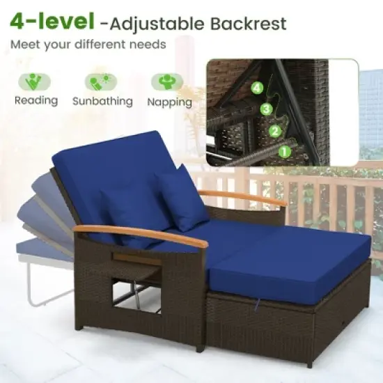 Tangkula Outdoor Wicker Daybed Patio Loveseat & Storage Ottoman Set w/ Navy Cushions image {4}