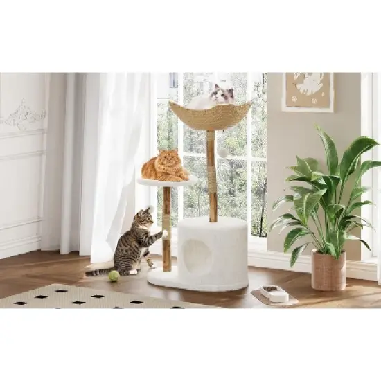43" Natural Wood Cat Tree w/Real Branch Design, Multi-Level Tower, Large Basket & Scratching Posts, 1 or 2 Perch Options for Large Cats image {1}