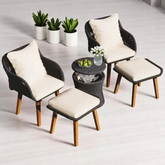 5-Piece Outdoor Patio Furniture Set with PP Rope Weaving Chairs, Pop-Up Cool Bar Table, and Acacia Wood Feet image {15}