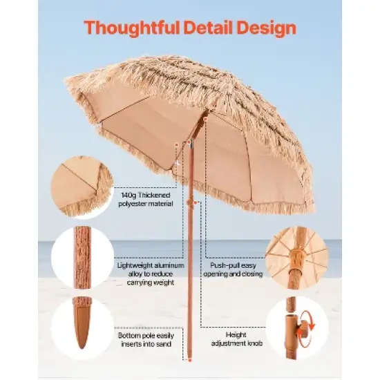 VEVOR Tiki Umbrella, 6.5 ft Thatched Patio Umbrella with Tilt, Hawaiian Style Beach Parasol with Durable PP Thatch and 8 Metal Ribs, Oringinal Color image {6}
