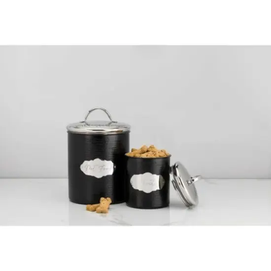 Amici Pet Cavalier Canister, Set of 2 - Black & Silver Toned Hammered Metal Food Storage with Handles - Airtight Lid Containers - (38 Oz & 104 Oz) image {3}