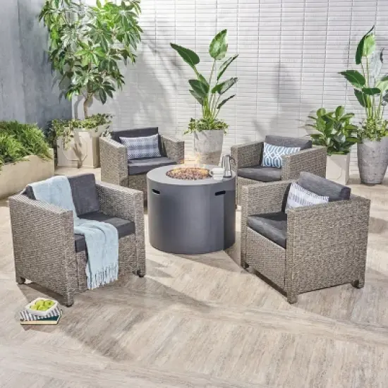 Christopher Knight Home Overton Outdoor Wicker 5 Piece Club Chair and Fire Pit Set with Cushions image {13}