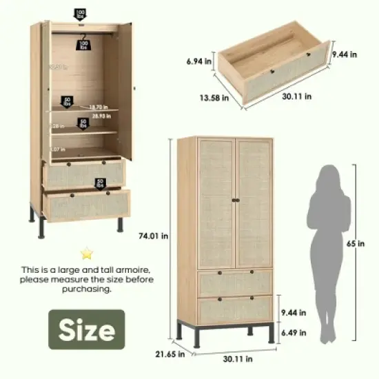 Brafabhome Farmhouse 4 Doors Armoire Wardrobe Closet, 71" Tall Freestanding Wardrobe Clothes Cabinet with Drawers and Hanging Rod for Bedroom image {5}