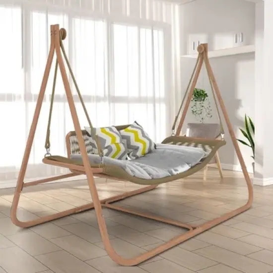 Outdoor Double Upholstered Hammock Swing Chair,Rattan Hammock Chair with Stand And Metal Frame For Patio Balcony,Bedroom-Coolbibila image {7}