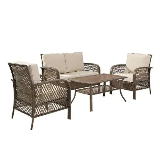 Tribeca 4pc Outdoor Wicker Conversation Set - Sand/Driftwood - Crosley image {3}