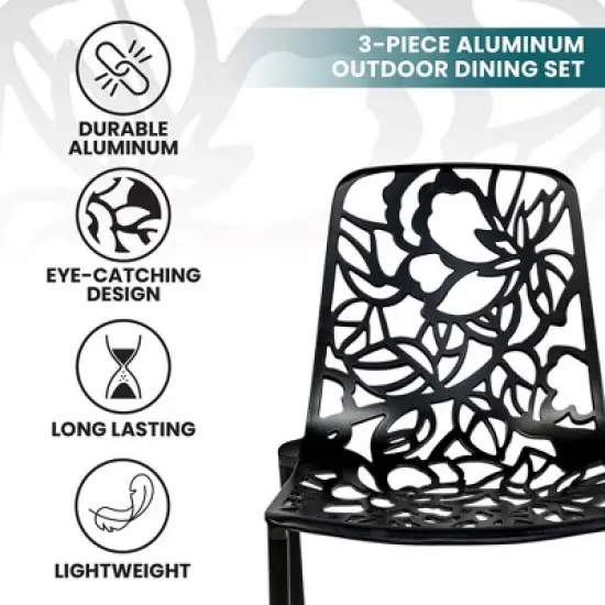 LeisureMod Devon 3-Piece Aluminum Outdoor Patio Dining Set with Tempered Glass Top Table and 2 Stackable Flower Design Chairs image {3}