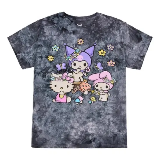 Kuromi, My Melody and Hello Kitty Puff Print Mushroom Scene Women's Black Cloud Wash Crew Neck Short Sleeve T-shirt image {3}
