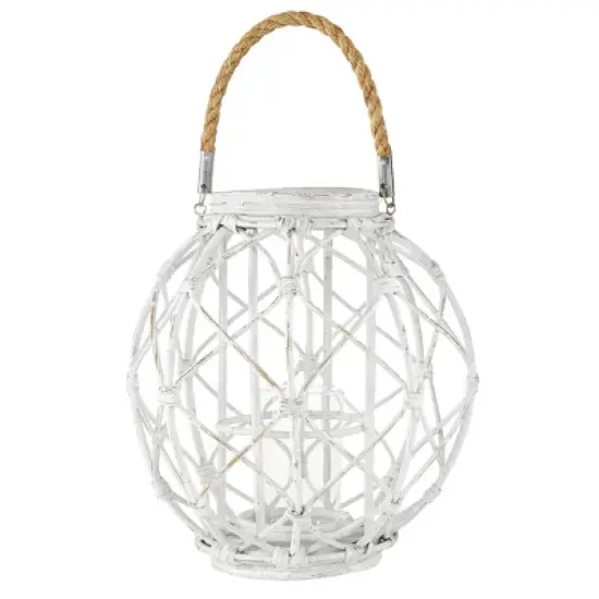 15" x 15" Woven Rattan/Glass Lantern with Burlap Jute Rope Handle White - Olivia & May image {4}