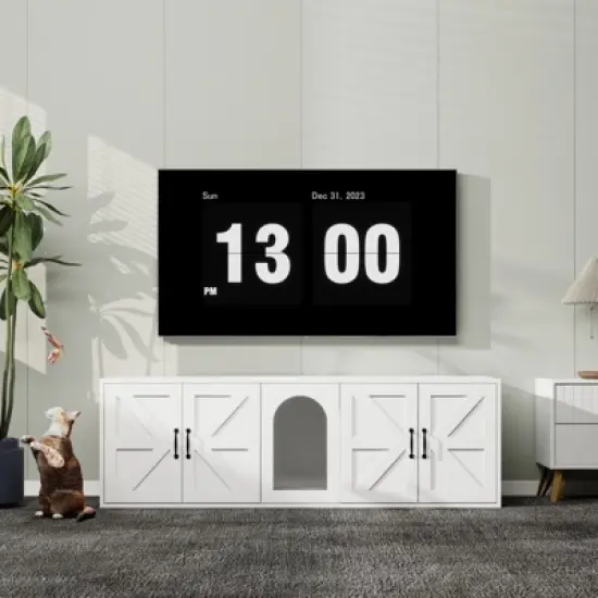 Chery Life White 59.05"L x 17.71"W x 18.89"H Modern Wooden Cat Box Furniture with Double Room, Giving Cats The Greatest Privacy Space image {7}