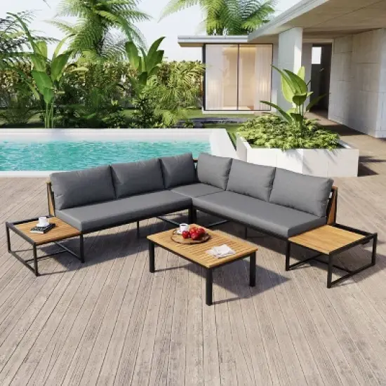 Outdoor 4-Piece Sofa Set, Sofa Set with Side Table and Coffee Table, Sofa with Iron Frame and Polyester Cushions-Coolbibila image {8}