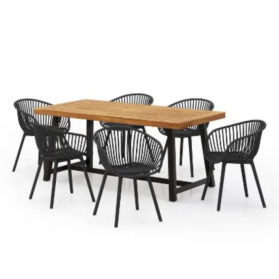 Christopher Knight Home Marley 7 Pieces Patio Modern Acacia Wood and Polypropylene Dining Set, Teak/Black image {10}