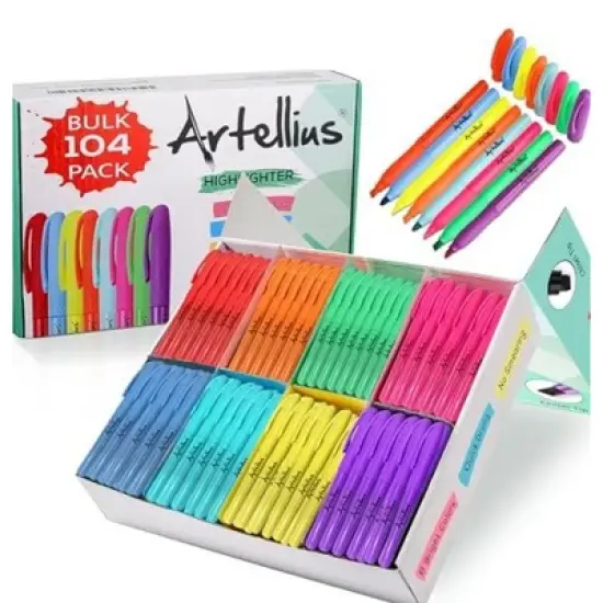 Artellius 104 Pack Highlighters Assorted Colors Bulk Set (8 Bright Colors) - Quick-Dry - Perfect for Classroom, Office, Home image {6}