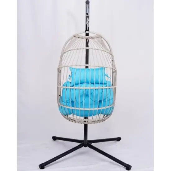 DOMETOUR Outdoor Egg Hanging Chair with Stand, Patio Wicker Swing Egg Chair Indoor Swinging Chair Outdoor Hammock Egg Chair BLUE image {9}