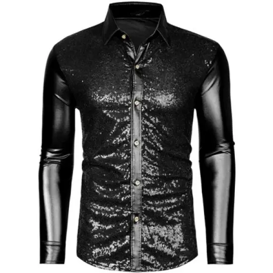 Lars Amadeus Men's Shiny Sequins Slim Fit Long Sleeves Button Down Disco Party Shirt image {8}