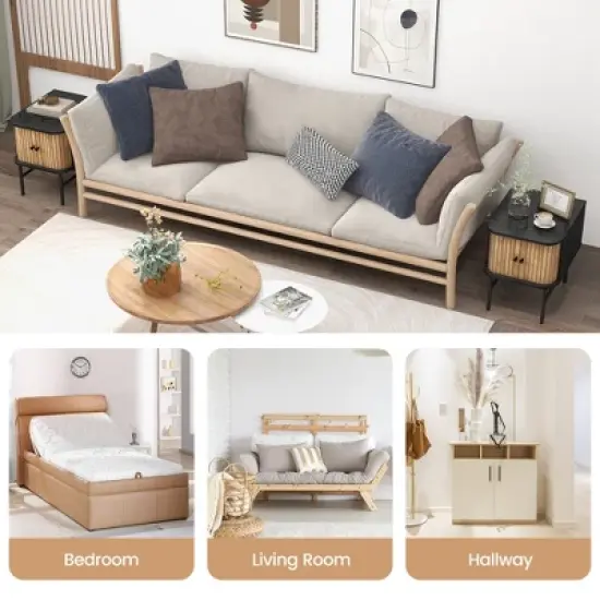 Costway Sliding Door Nightstand Mid-century Modern Storage End Table with Cabinet Black/Distressed White image {5}