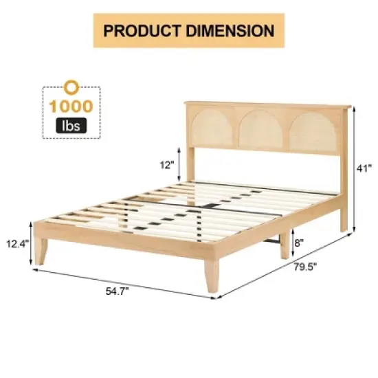 Bed Frame With Natural Rattan Headboard, Boho Wooden Platform Bed With Strong Wooden Slats, Noise-Free, No Box Spring Needed, Arch image {2}