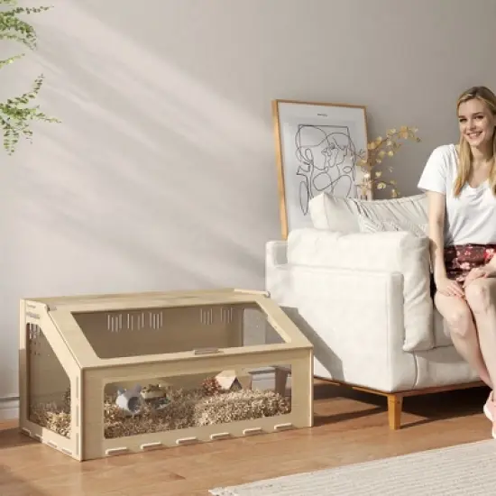 PawHut Hamster Cage Habitat with Acrylic Window & Openable Top, Small Animal Cage for Gerbil, Guinea Pig, Rat, 39" x 23" x 20", Oak image {2}