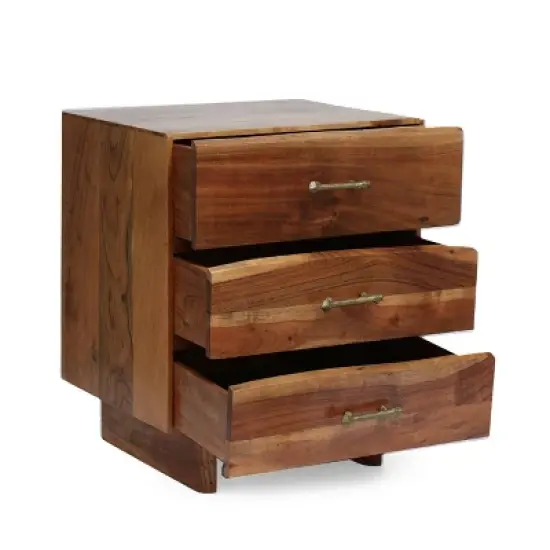 Terrell Handcrafted Boho Acacia Wood 3 Drawer Nightstand Dark Natural - Christopher Knight Home image {2}