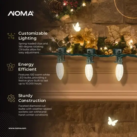 NOMA Quick Clip Durable Diamond Cut C9 LED 66' Holiday Outdoor Christmas Lights with 180 Degree Rotation and 100 Warm White Bulbs, Green (4 Pack) image {2}
