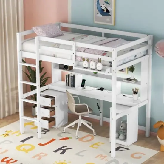 Loft Bed with Multi-Function Storage Table, LED Lights, Bedside Tray and Charging Station, White - ModernLuxe image {2}