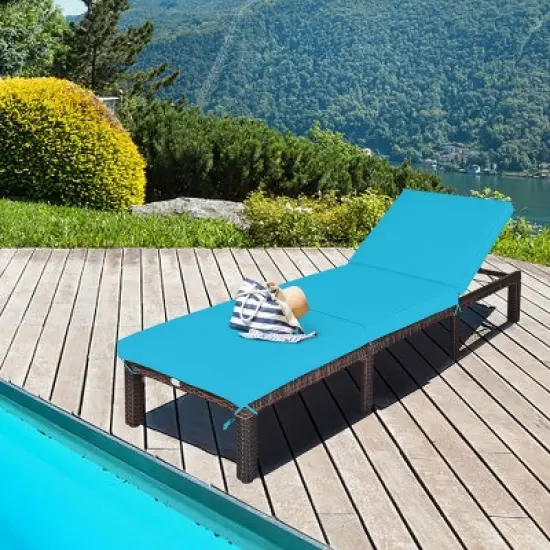 Tangkula Outdoor Rattan Chaise Lounge Chair Adjustable Backrest Recliner with Turquoise Cushions image {2}